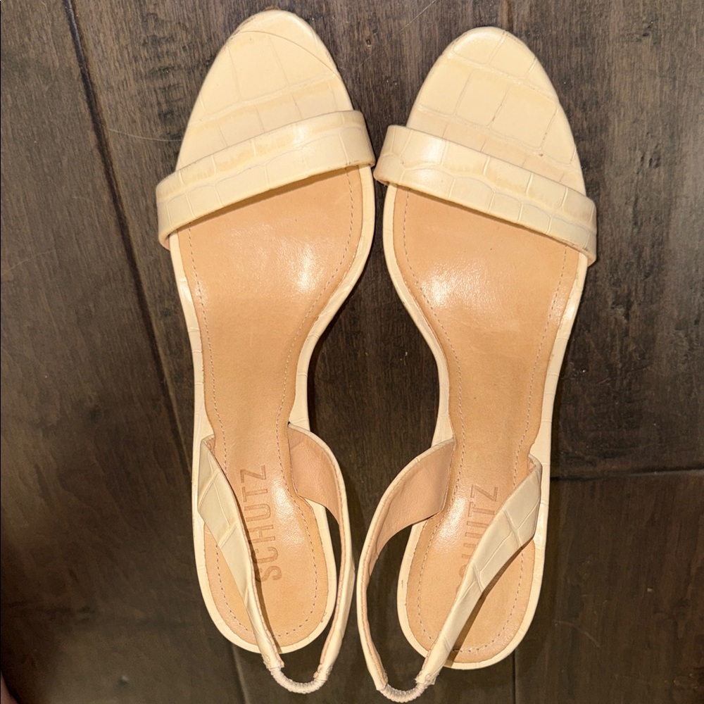 SCHUTZ Cream Croc-Embossed Slingback Mules